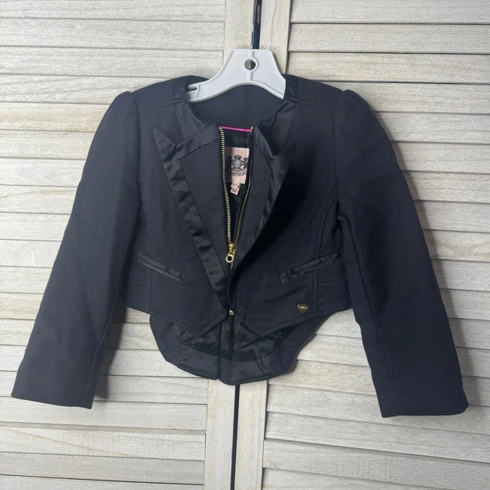 Juicy Couture Girls Black Blazer Jacket 4/5 Satin Trim Gold Zip Dressy Kids Coat